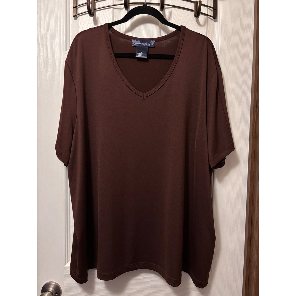 Susan Graver Style Brown V-Neck Short Sleeve Liquid Knit Top 3X SG3408